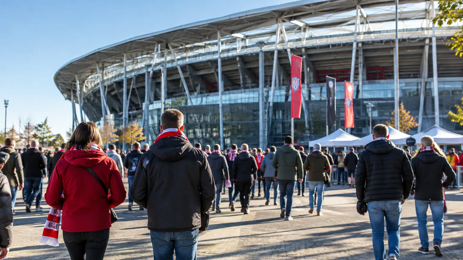 Mehrere Menschen gehen auf den Eingang eines großen Stadions zu.